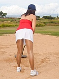Gorgeous mature lady Roni nuts about golf she is love a game in shiny pantyhose outdoor